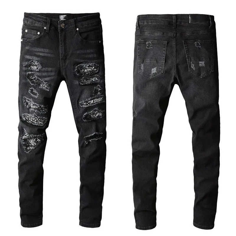 High Street Black High Street Jeans Mens Frayed Patch Small Leg Pants Streetwear Men