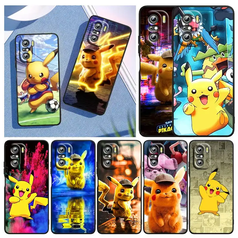 

For Xiaomi Redmi K50 K40 Gaming A1 11 Prime 10 10C 9AT 9A 9C 9T 8 7A 6A 5 4X 5G Cartoon Pikachu Pokemon Black Phone Case