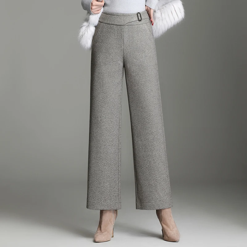 

Korean version Autumn Winter Sashes Woolen Wide leg Pants Women Pants OL Fashion Casual Pants Pockets High Waist Pants 607G