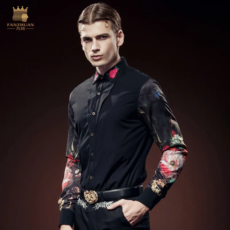 

Free Shipping New fashion personality male men's long sleeved slim thickened embroidery printing FanZhuan velvet shirt 51203301