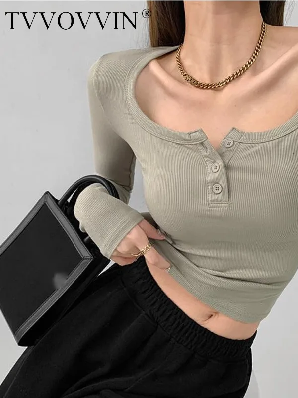 

TVVOVVIN Slim Breasted Square Collar Bottom T Shirt Female Gray Thin Long-sleeved Top Tees Sweet Fashion Women Tops 2023 5QA7