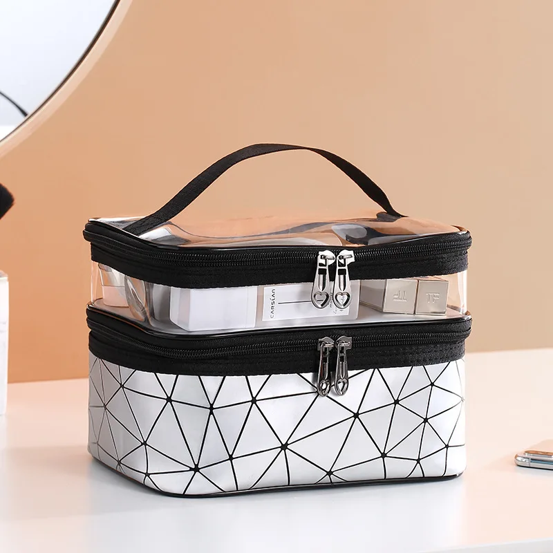 Female Double Layer Cosmetic Bag Geometric Pattern Women's Toiletry Organizer Bag Multifunctional Waterproof Portable Makeup Bag