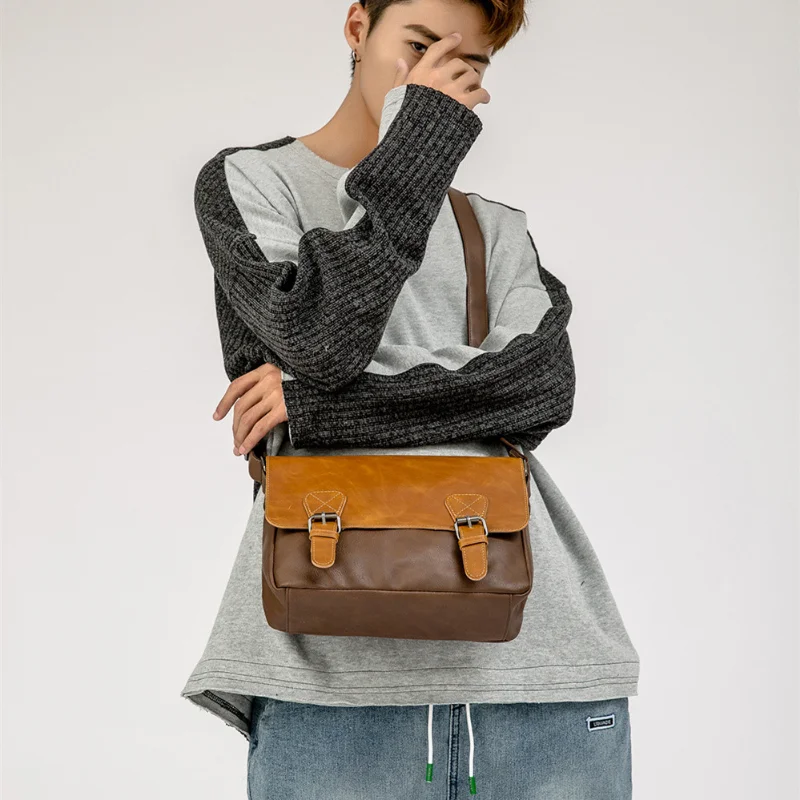 Men's Square Leather Shoulder Bags Crossbody Chest Packs for Men Retro Fashion Solid Color сумка мужская Messenger Bag Purse Sac