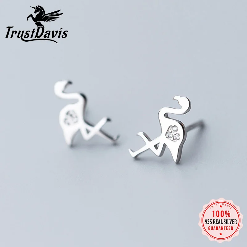 

Trusta 100% 925 Solid Sterling Silver Women Jewelry Fashion 9mmX13mm Symmetry Flamingos CZ Stud Earring For Daughter Girls DS878
