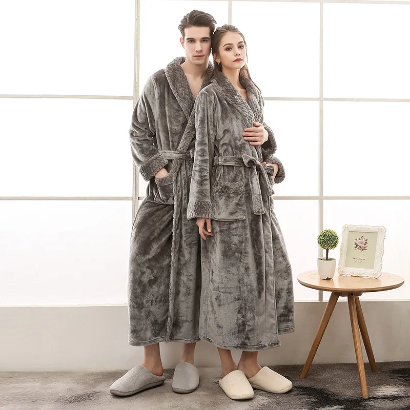 Women Men Winter Long Bathrobe Lovers Thick Warm Flannel Robe Bath Robe Sleepwear Couples Male Female Robes Dressing Gown