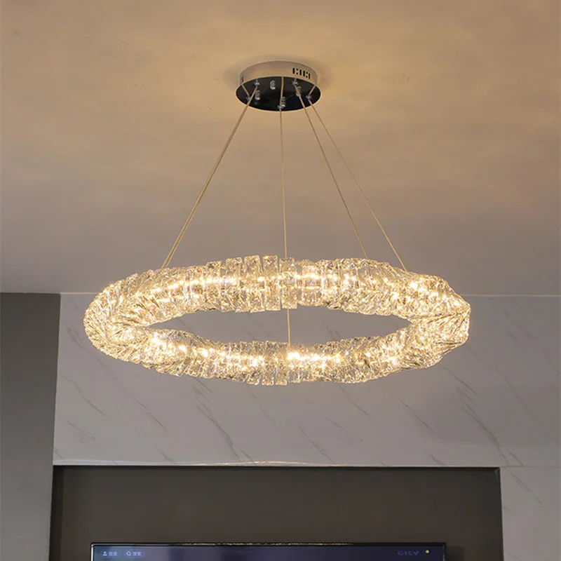 

Chandeliers Living Room Modern Remote Control Dimmable Pendant Light Lustre Crystal PendantLuxury Round Steel Luminaria Led Lamp