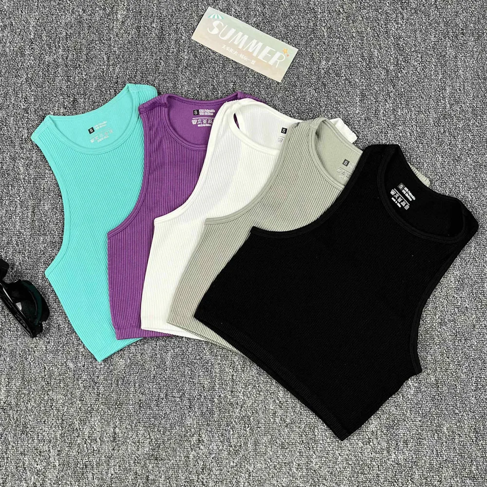

Yoga Vest Top Female Tank Top Summer Crewneck Crop Tops Elastic Rib-Knit Sleeveless Casual Tank Tops Streetwear Bra Tank Top