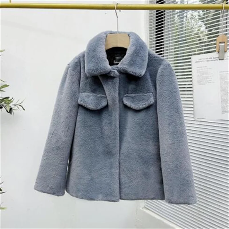 Imitation fur coat women's winter new korean lapel loose thick fur jackets pocket blue дубленка женская зимняя куртка зимняя жен