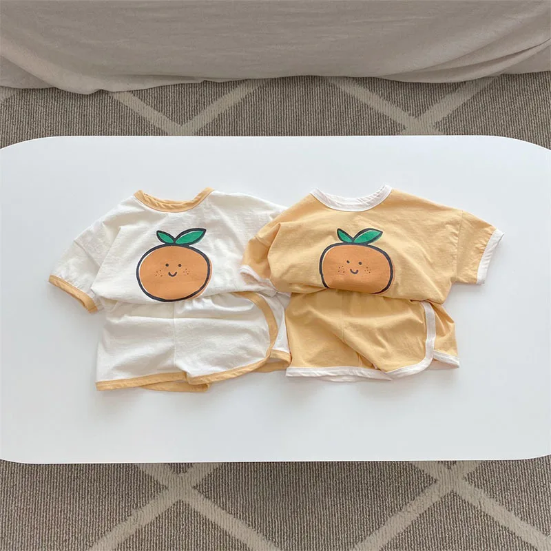 

Infant Baby Cartoon Set Girl Cute Orange Print T-shirt Loose Pullover Tops And Solid Soft Cotton Shorts Boys Summer Suit