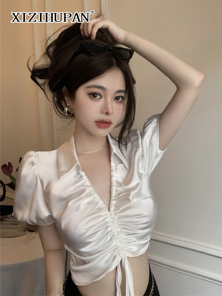 

Блузка XIZIHUPAN женская с отворотом, модная пикантная Облегающая рубашка с короткими рукавами-фонариками, в Корейском стиле, в стиле пэчворк, л...