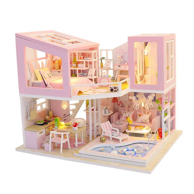

Unfinished DIY Miniature Dollhouse Architecture Wooden Doll House Toys Gifts