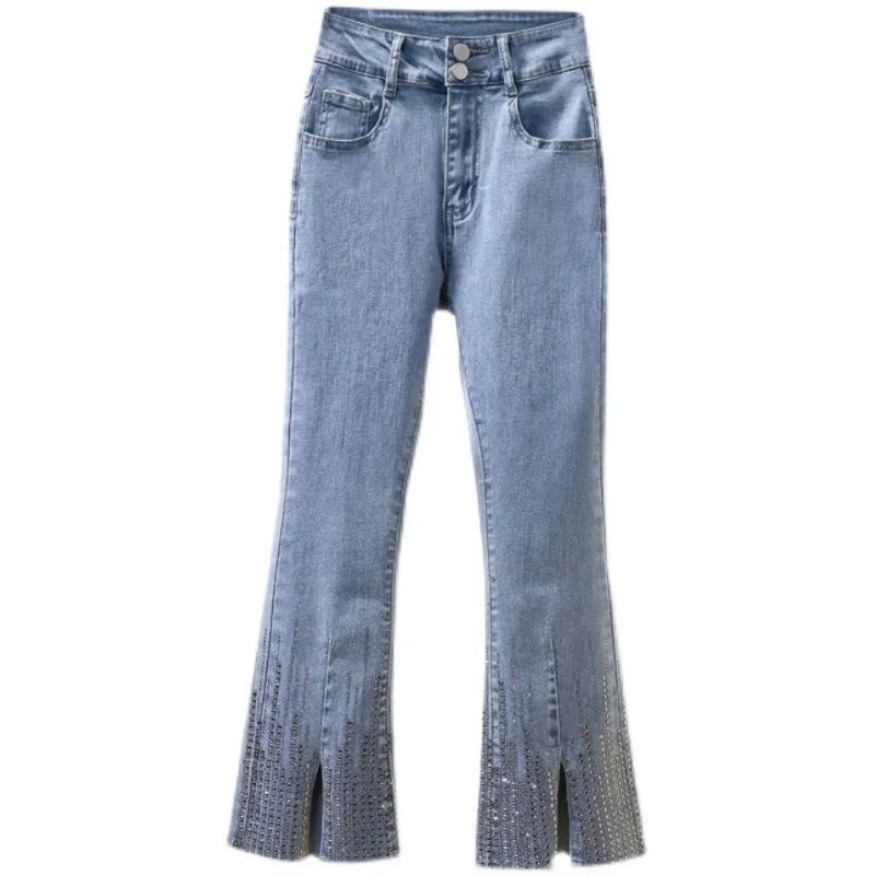 

Plus Size Women's Fashion High Waist Blue Jeans Stretchable Solid Color Flared 7/10 Denim Pants with Slits