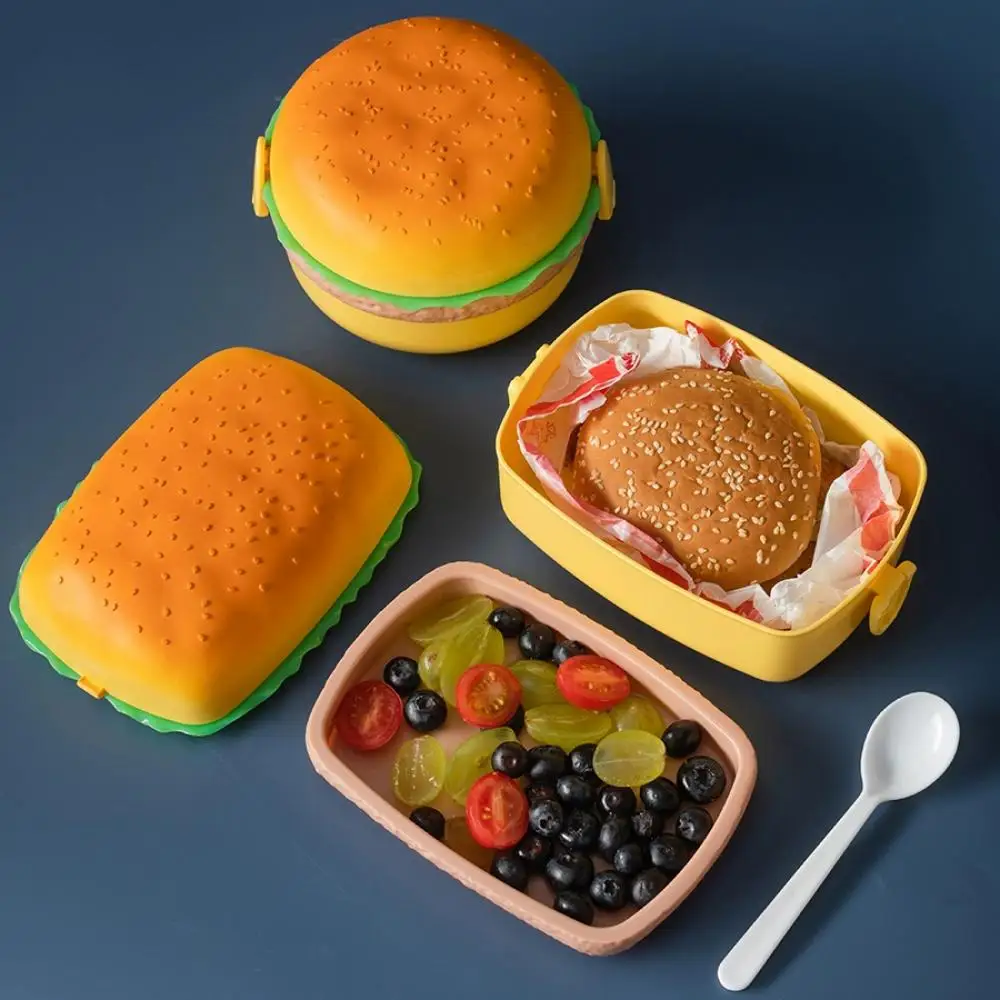 

Hamburger Lunch Box Double Tier Burger Bento Box Microwave Children School Food Container Tableware Set Fruit Fresh-Keeping Box