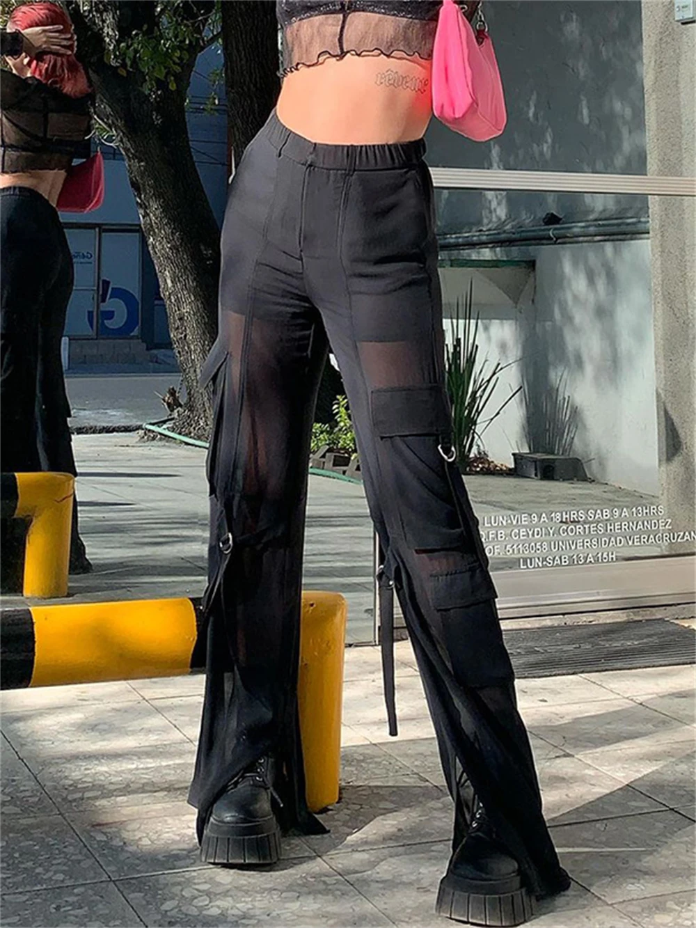 

Women Goth Style Patchwork Sexy Pants E Girl Mesh Solid Black See-through Streetwear Gothic Style Female Y2k Cargo Trousers