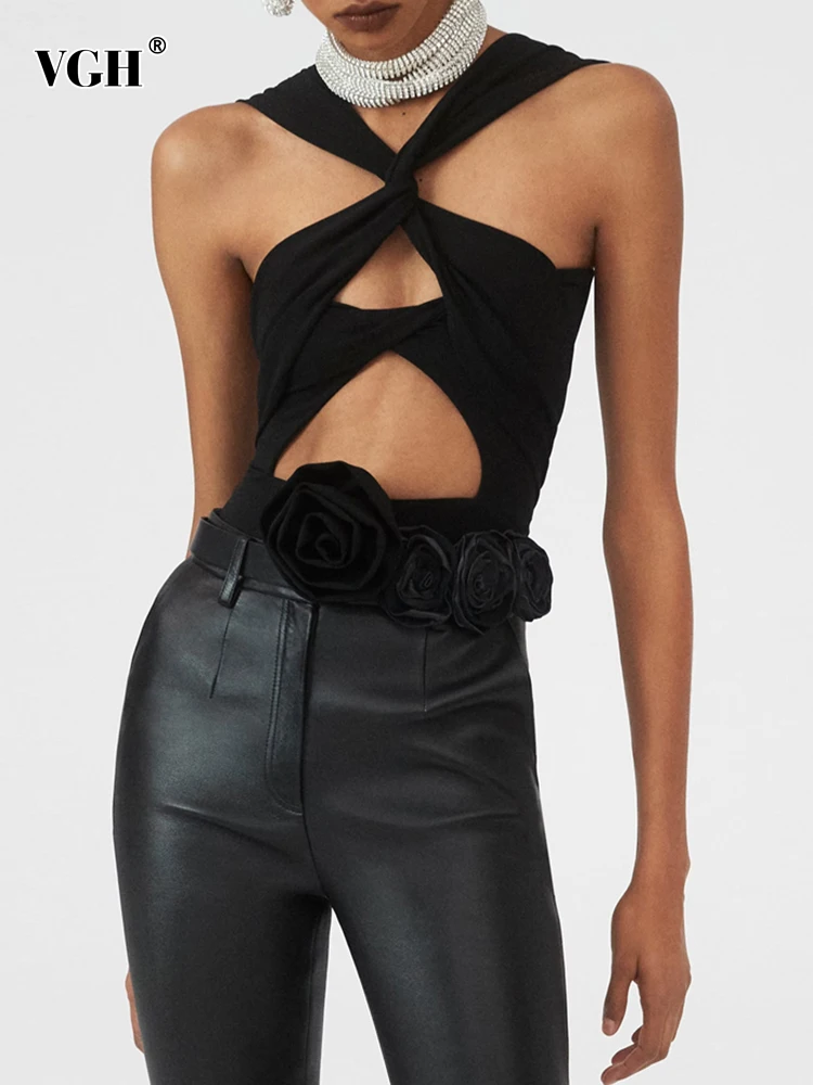 

VGH Patchwoke Appliques Sexy Bodysuits For Women Halter Collar Sleeveless Backless Solid Hollow Out Slimming Bodycon Female New