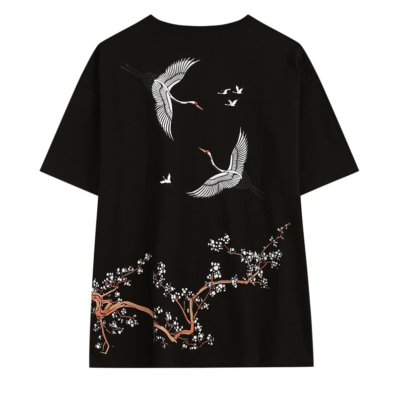 

Men Japan Style Tshirt Streetwear Harajuku Japanese Embroidery Crane Print Cotton T-Shirt 2022 Summer Casual Short Sleeve Top