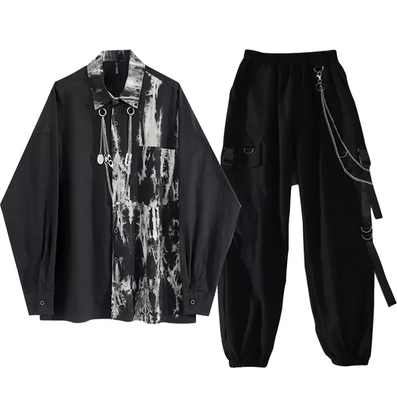 

Новинка 2022, осенняя винтажная черная рубашка с цепью и краской + брюки-карго, женская комбинированная блузка, куртка, брюки с длинными рукава...