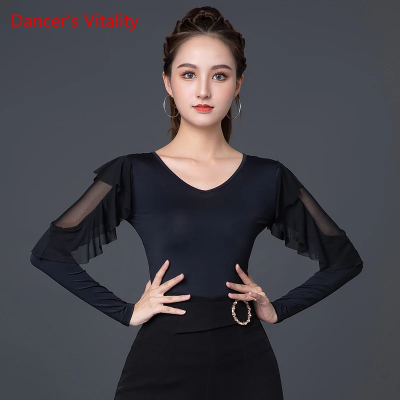 

Latin Dance Competition Clothing Female Adult Temperament V-neck Ice Silk Long-sleeved Top Social Modern Dance Stage Clothes