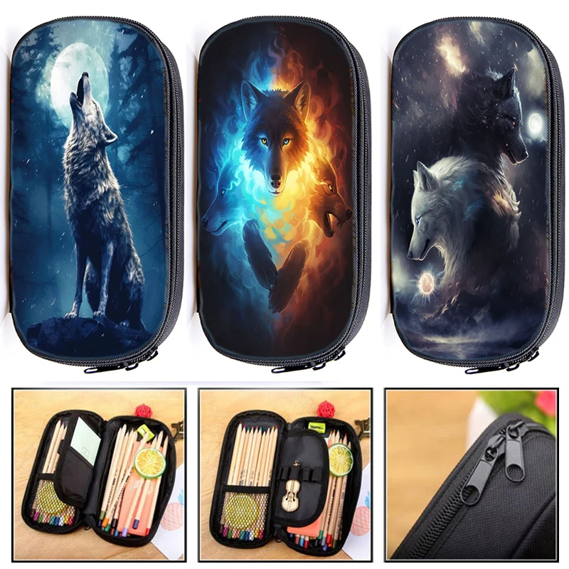

High Quality 3D Wolf Print Pencil Case Students Pen Bag Boys Animal Stationary Bags Children Howling Wolf Pencil Bag Makeup Box