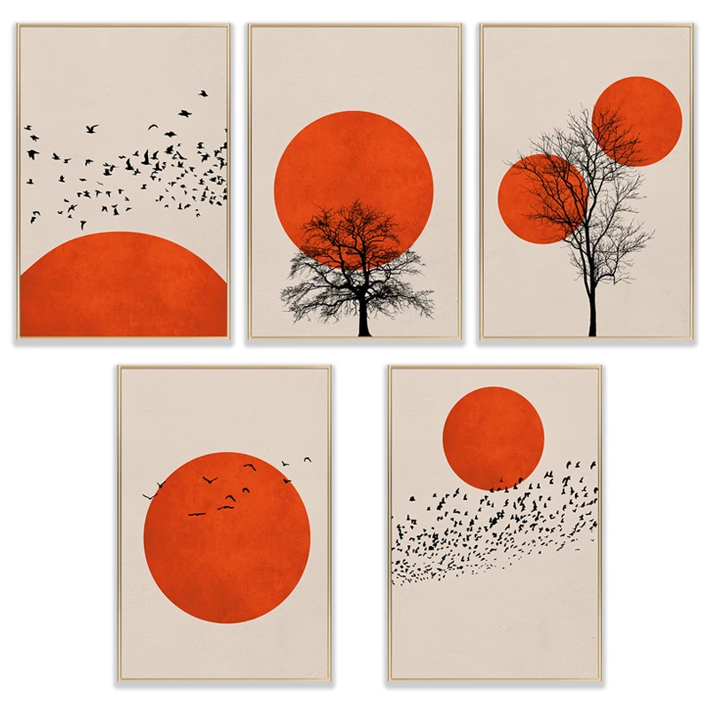 

Abstract Sun Tree Bird Canvas Art Painting Orange Landscape Posters and Prints Nordic Wall Pictures for Living Room Home Decor