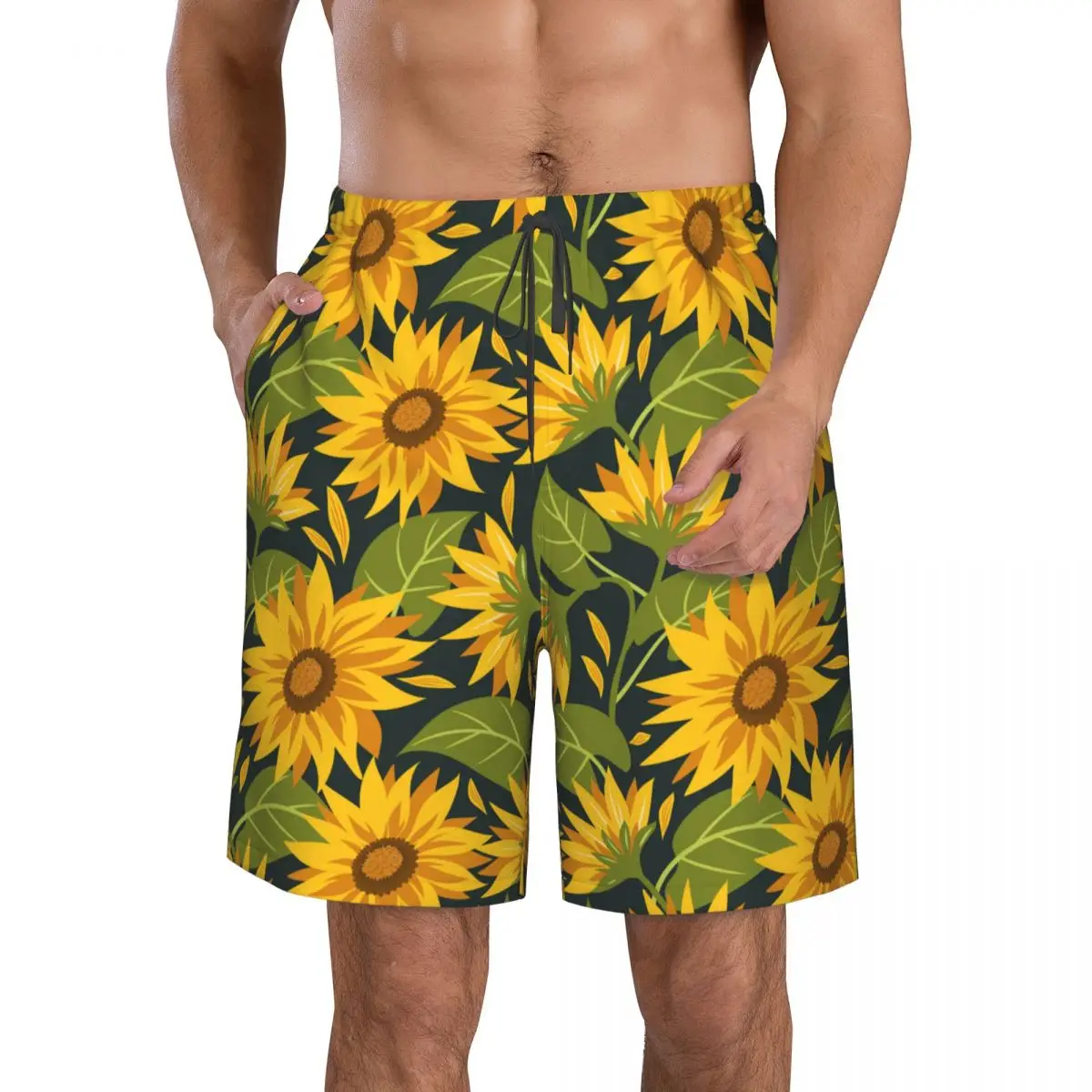 

Sunflowers 3D Printing Summer Men's Shorts Beach Hawaiian Leisure Style Drawstring Home Shorts