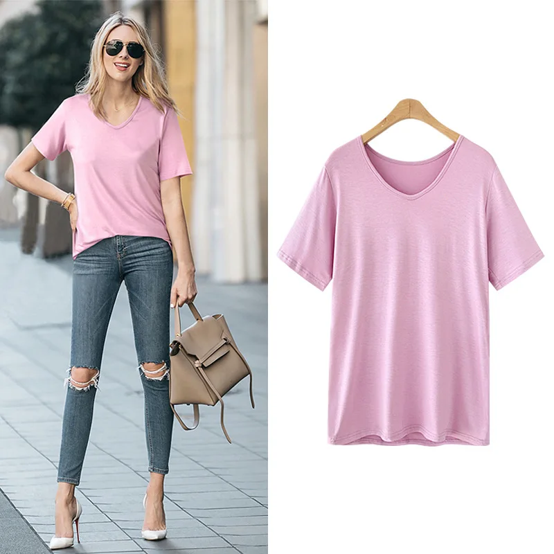 

Solid Color Bottoming T-shirt Large Size Loose V-neck T-shirt Short-sleeved Pullover Tops 2023 Summer New Modal Cotton T-shirt