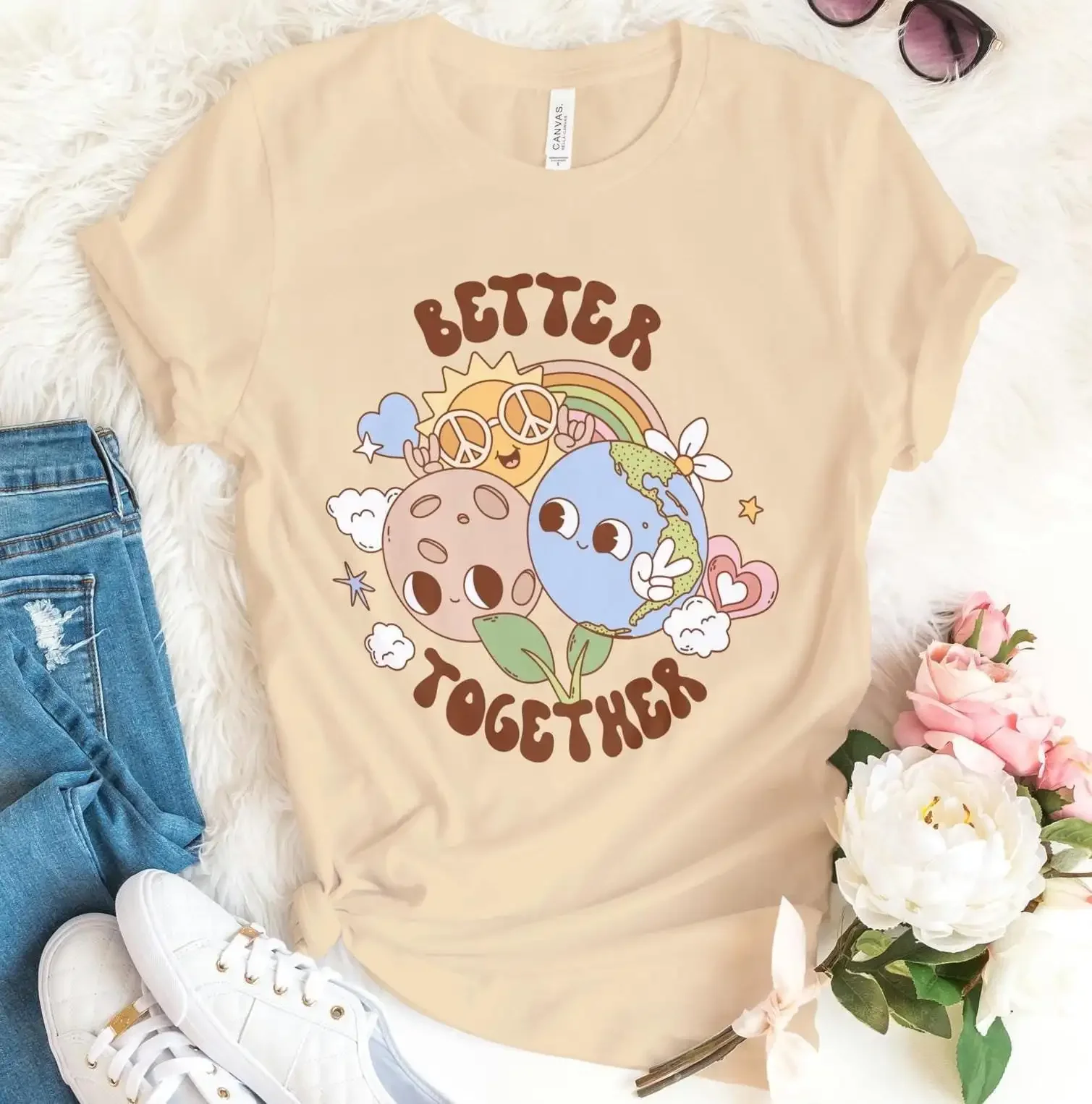 Футболка Краще вместе в стиле ретро День Земли Луна Солнце Эстетическая забавная