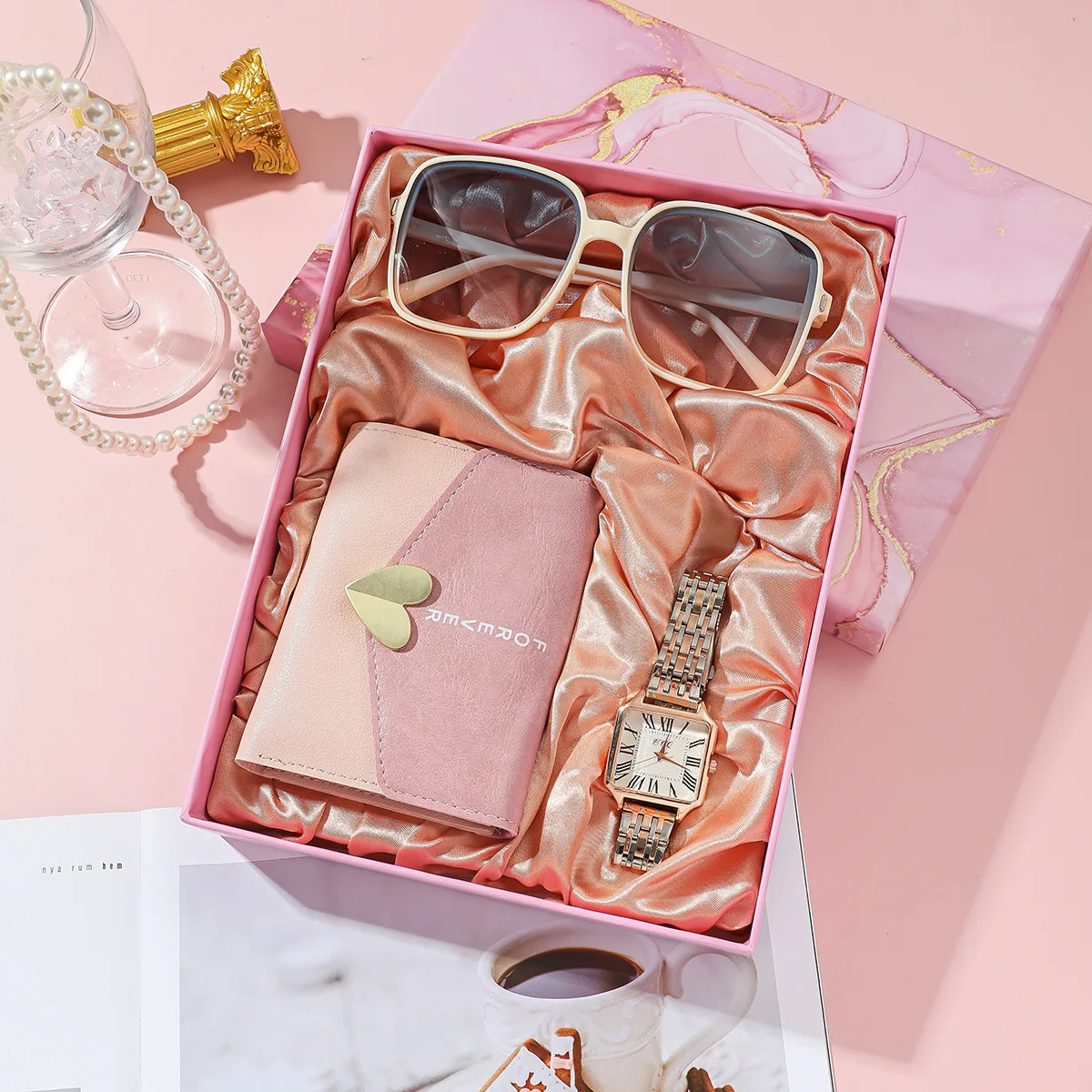 3Pcs Set Fashion Womens Watches Set with Box Luxury Quartz Watch Wallet Sunglass Wristwatch Set Gifts Box for Wife Girlfriend