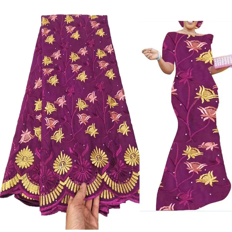 

5Yards Purple Brode Austrian Cotton Fabric Dubai Beaded Embroidery African 100% Cotton Fabric for Sewing Wedding Party Dresses