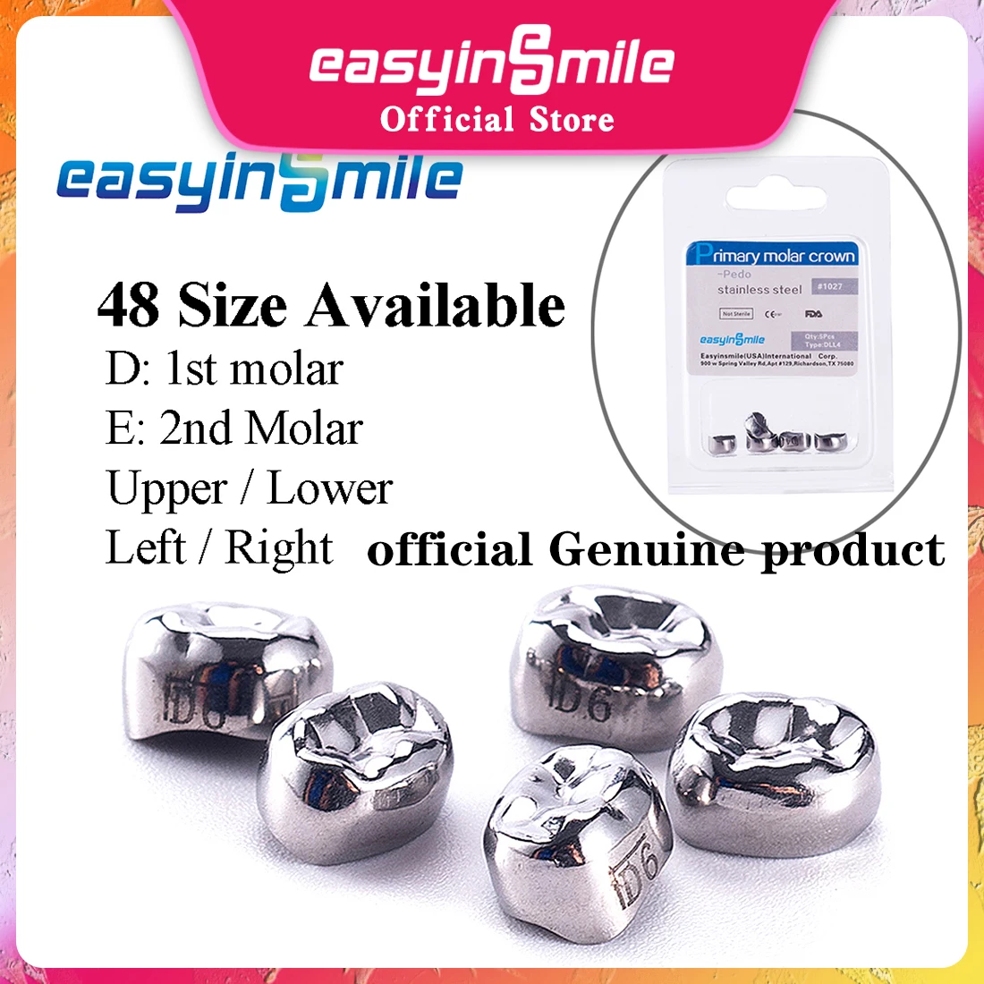5PCS EASYINSMILE Dental Crown Kids Primary Molar Refill Stainless Steel for Upper/Lower Left/Right 1st/2nd MolarTeeth