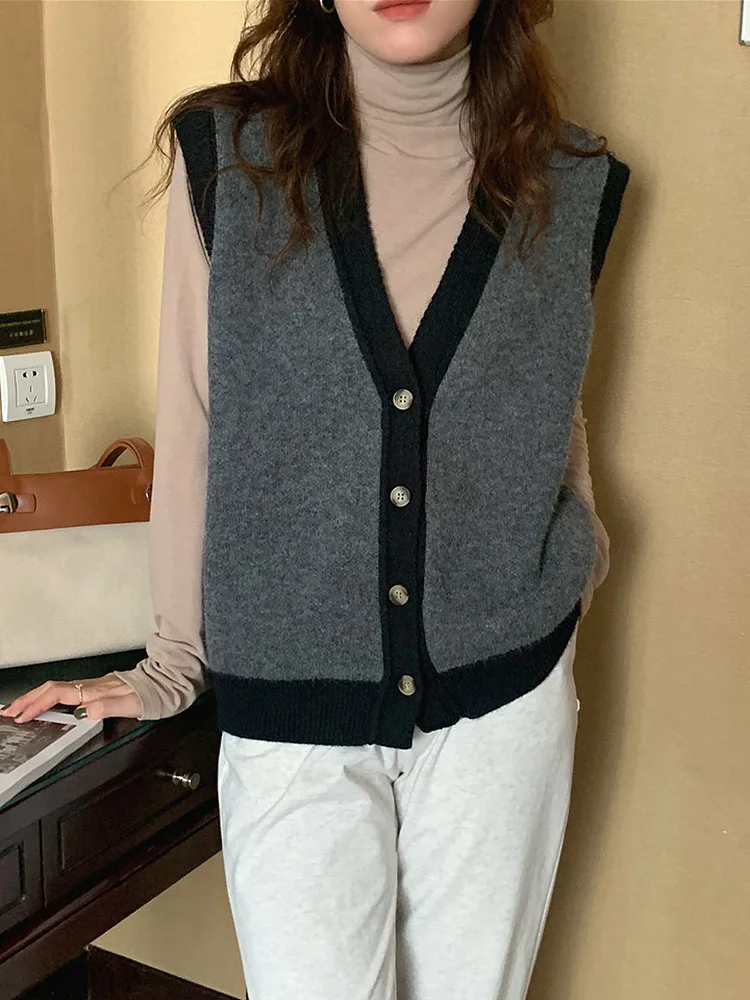 

BETHQUENOY Hiver Truien Dames Pull Femme Contrast Trim V Neck Sleeveless Sweater Vest Single Breasted Cardigan Knit Vests Women