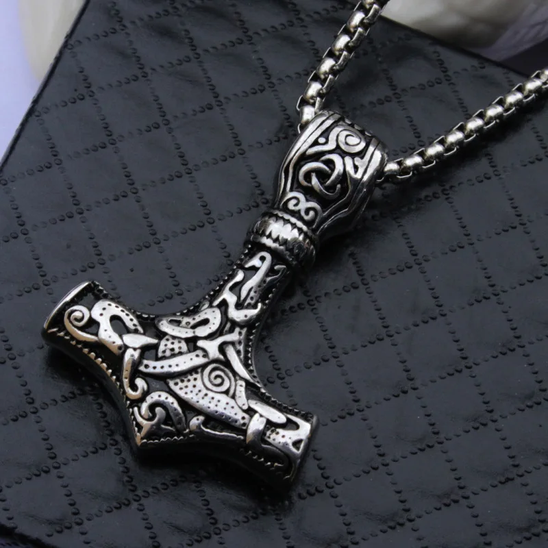 

Hot New Stainless Steel Long Viking Odin Triangle Sign Thor Hammer Titanium Steel Pendant Necklace