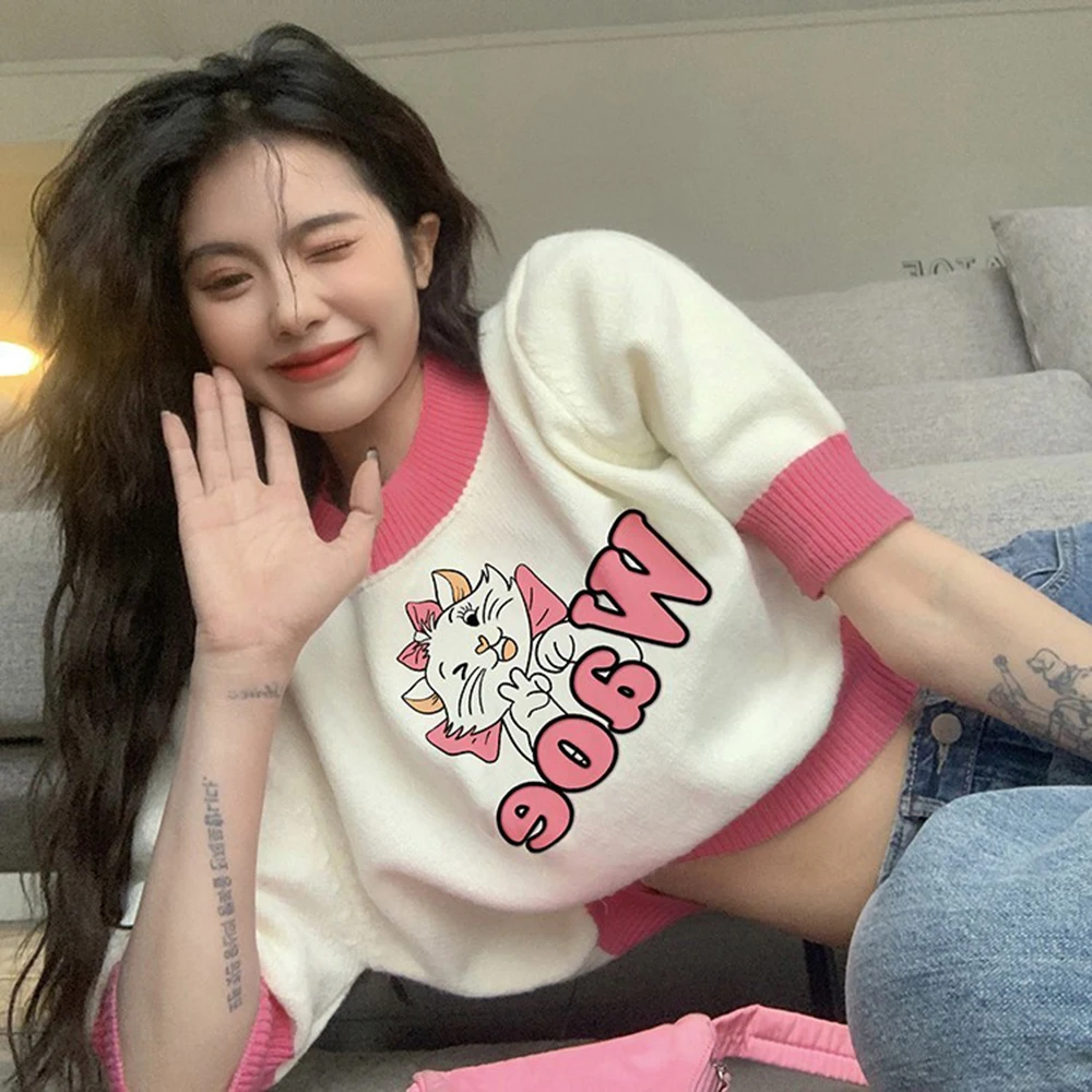 

2022 New Women Clothing Contrast Color Cartoon Sweet Short Sleeved TShirt Women Korean Version Knitted Sweater Top Short Sweater