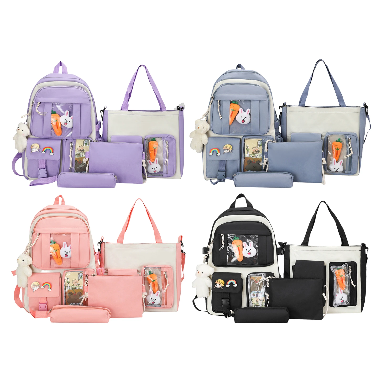 

Kawaii Backpack Set 4 Pcs Canvas School Backpack Combo Set Schoolbag With Shoulder Bag Pencil Bag Waist Bag Multifunctional Teen