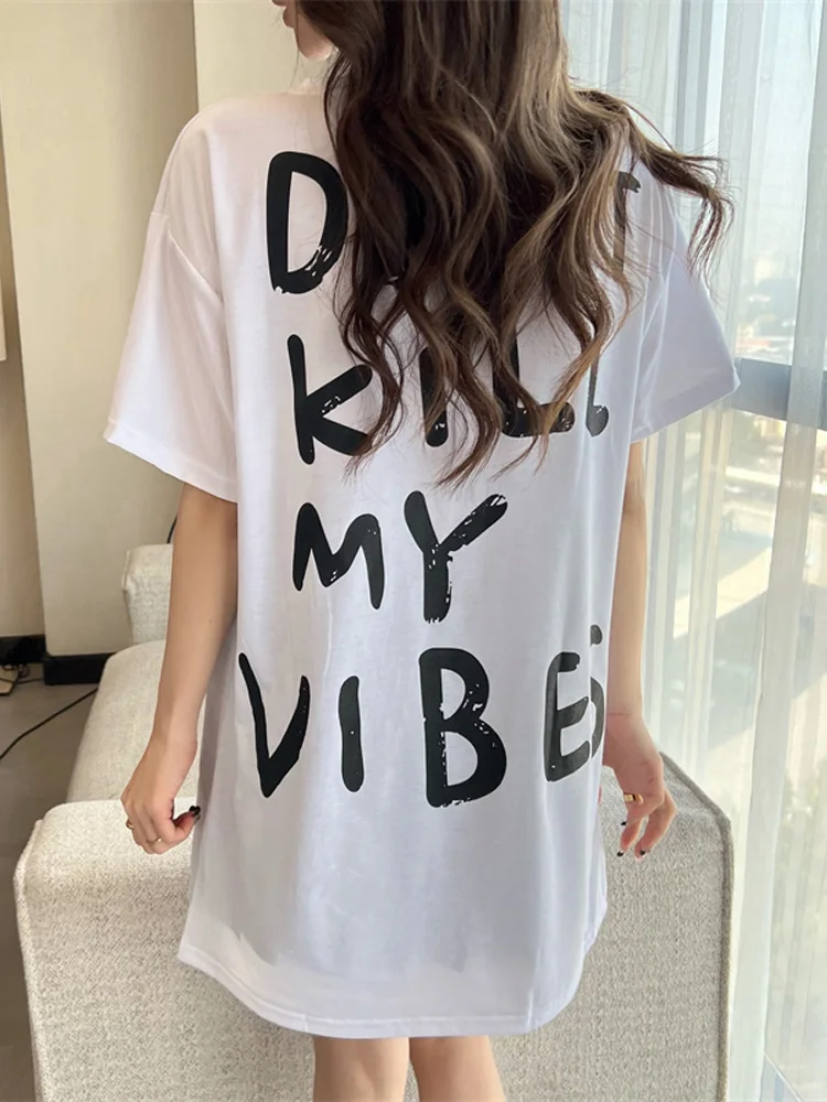 

Cotton T shirt summer short-sleeve woman t-shirts large size letter print casual loose long tshirt graphic tees women white tops