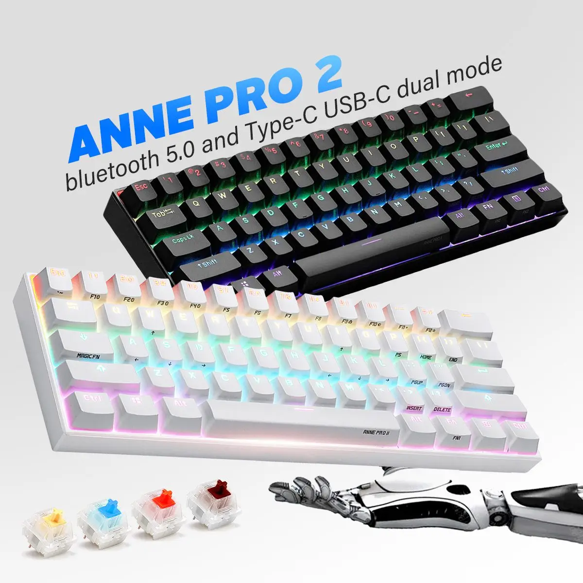 

Механическая клавиатура ANNE Pro2, портативная беспроводная мини-клавиатура с bluetooth, игровая клавиатура с красным, синим, коричневым переключат...