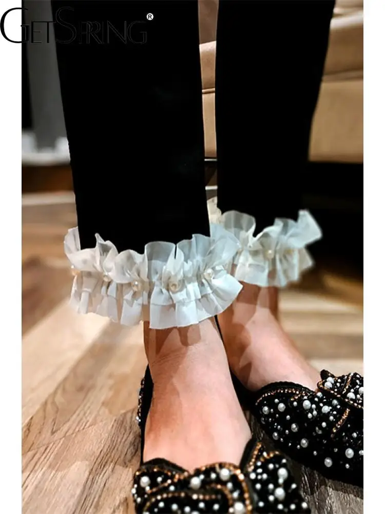 

GetSpring Women Pants Capris Pearl Ruffles Stitched Ankle-Length Harem Pants Fashion High Waist Black Ladies Trousers 2022 New