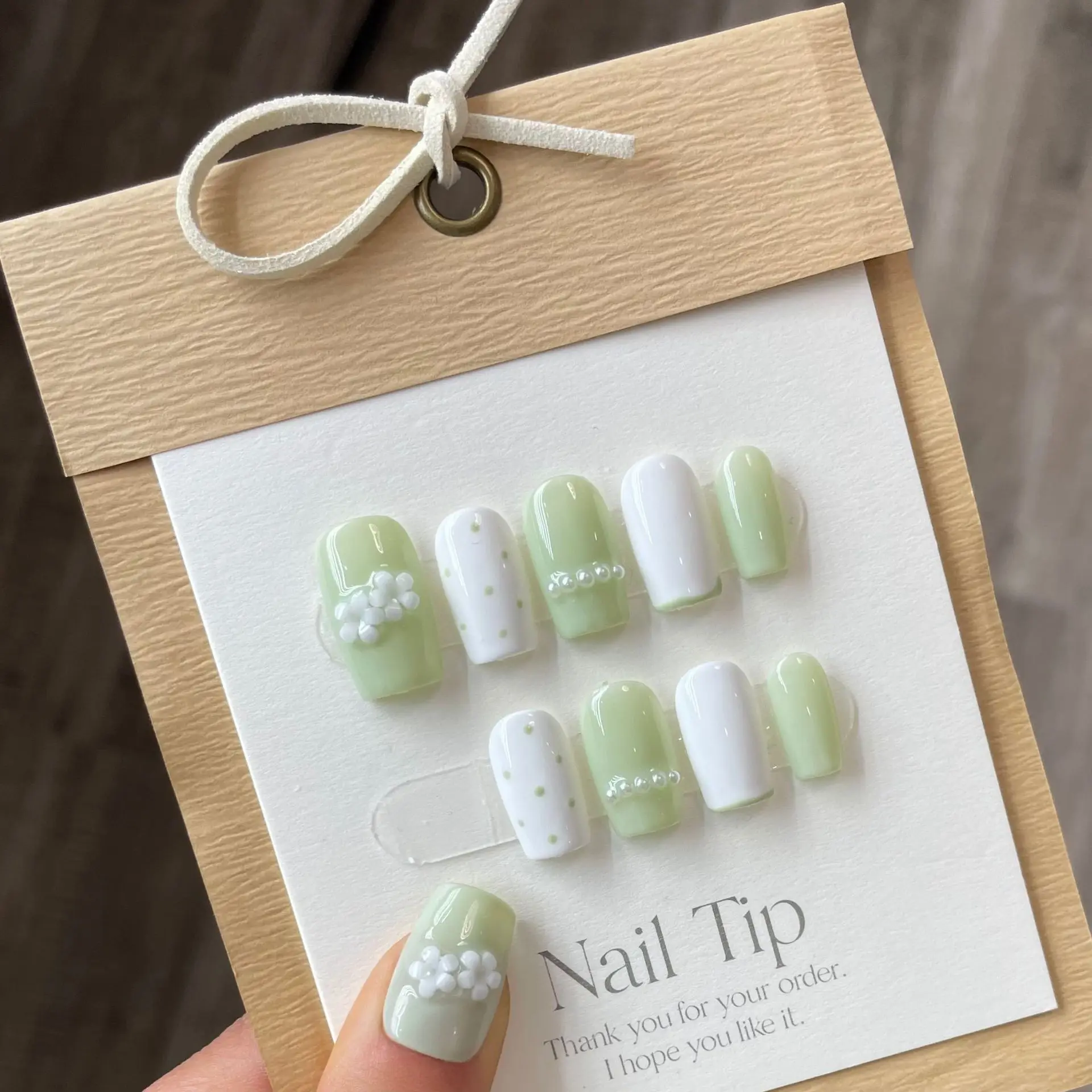 

Green Fake Nails Handmade Acrylic Press On Nails With Design Decoration Artificial Free Shipping Finger Nails For Girl And Woman