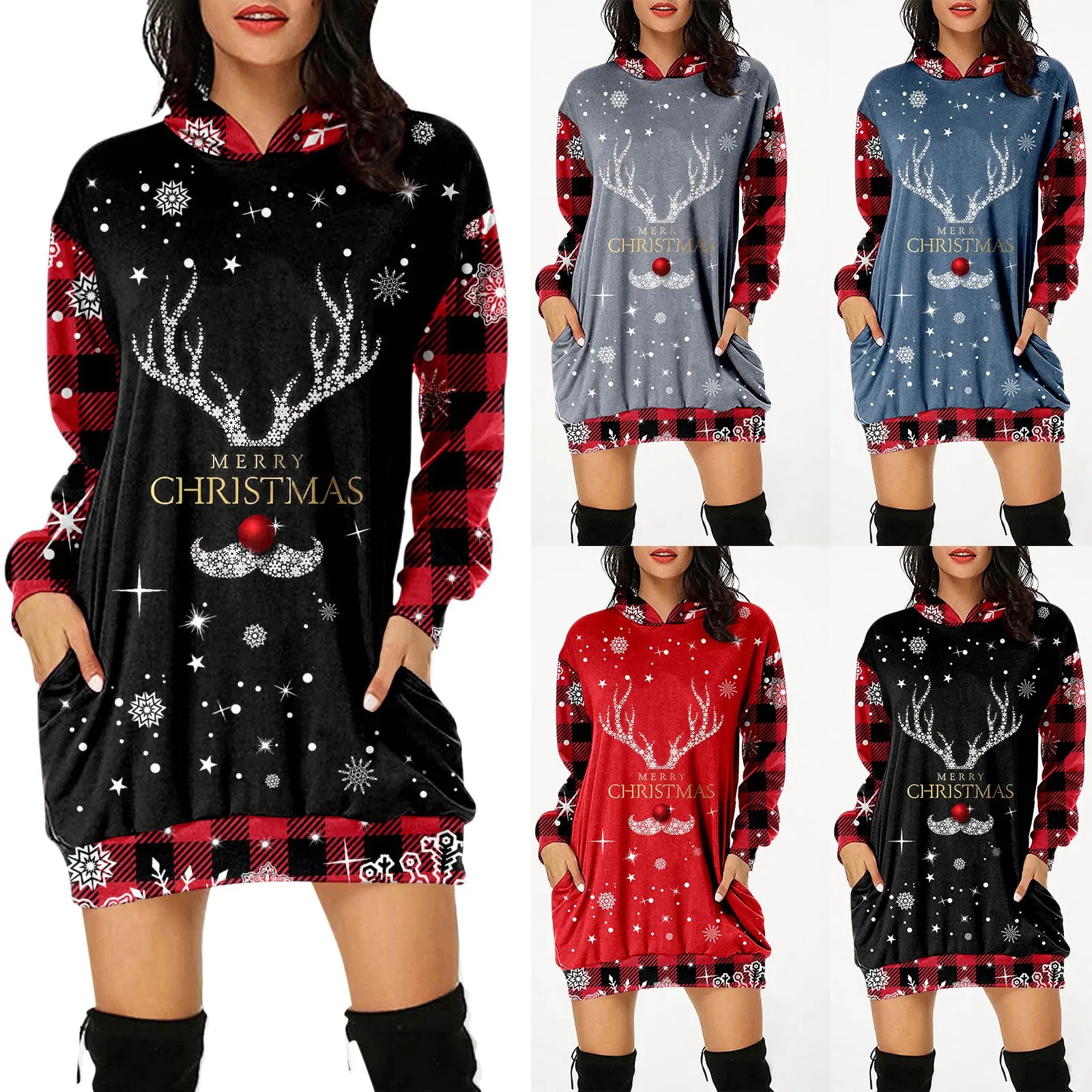 

Женский свитер, толстовки, Женский Длинный пуловер с длинным рукавом на осень и зиму, свитшот, женское платье с рождественским принтом и капюшоном