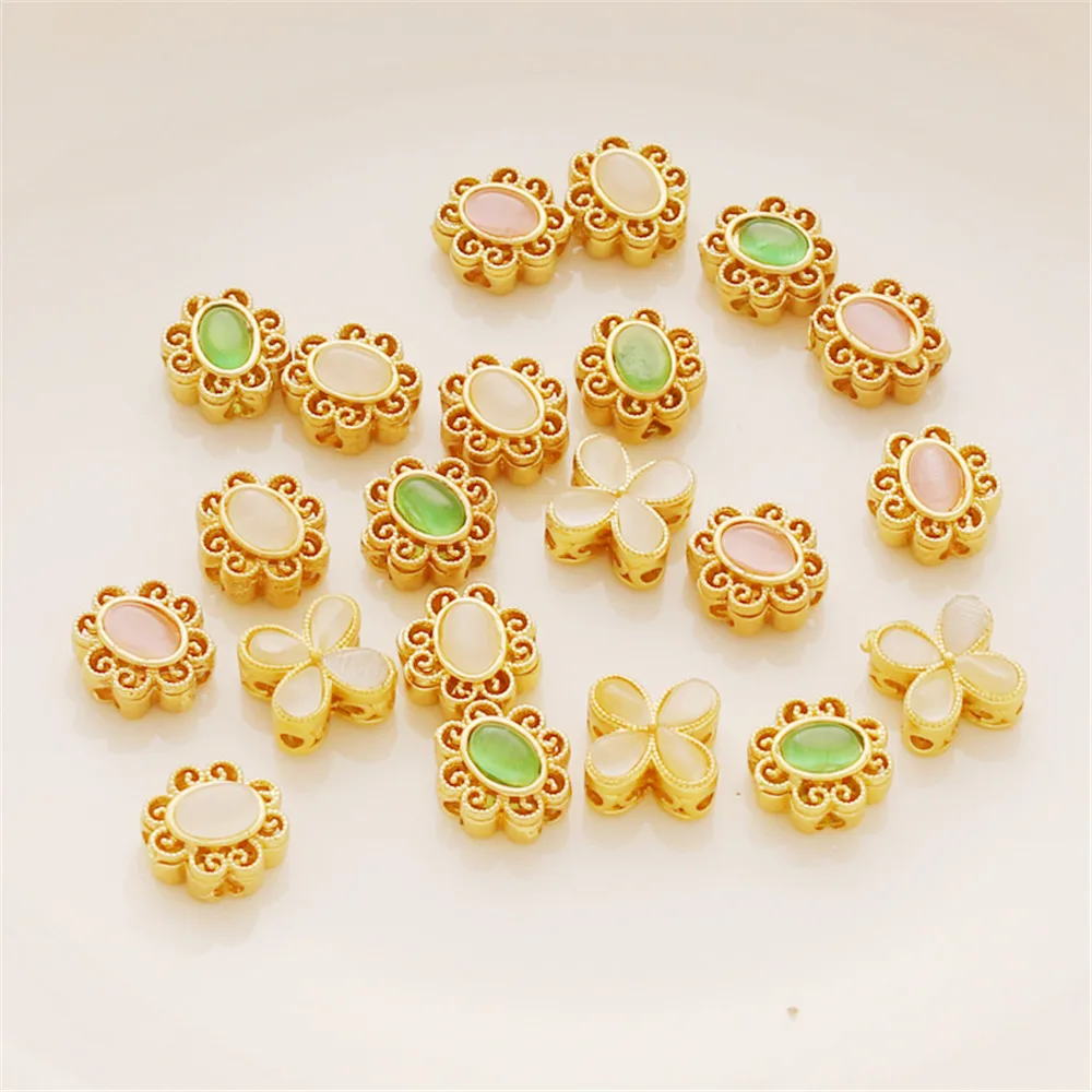 

18K Ancient Gold Inlaid Jade Cat's Eye Four-leaf Flat Openwork Spacer Beaded DIY Bracelet Necklace Jewelry