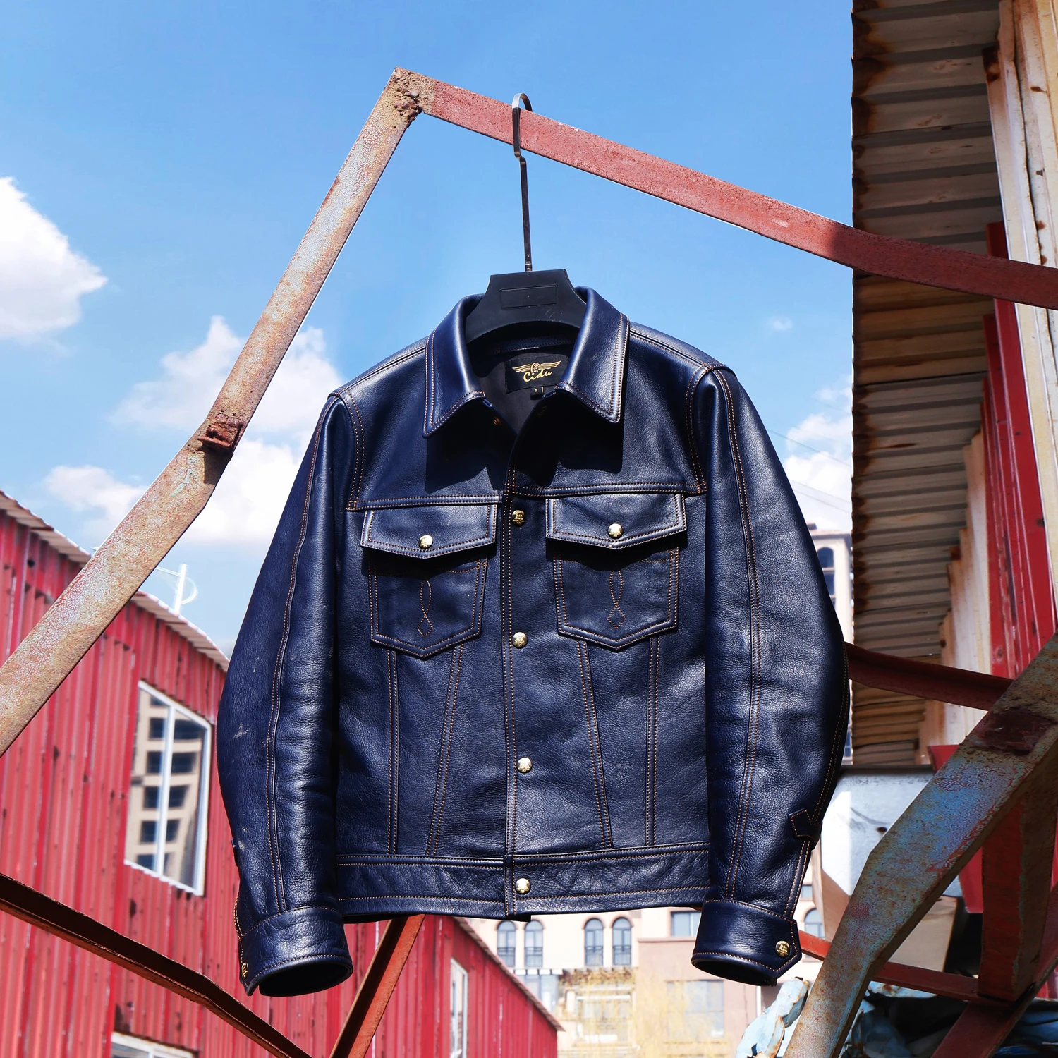 

Tailor Brando J-59 Asian Size High Quality New Zealand Calfskin Indigo Pure Plant Dyed 507 Denim Workwear Fashion Men's Jacket