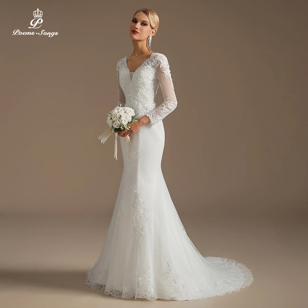 Женское свадебное платье с V-образным вырезом длинным рукавом