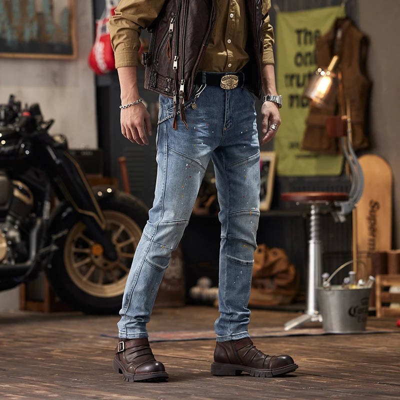 Мужские облегающие джинсы в стиле ретро голубые потертые мотоциклетные брюки