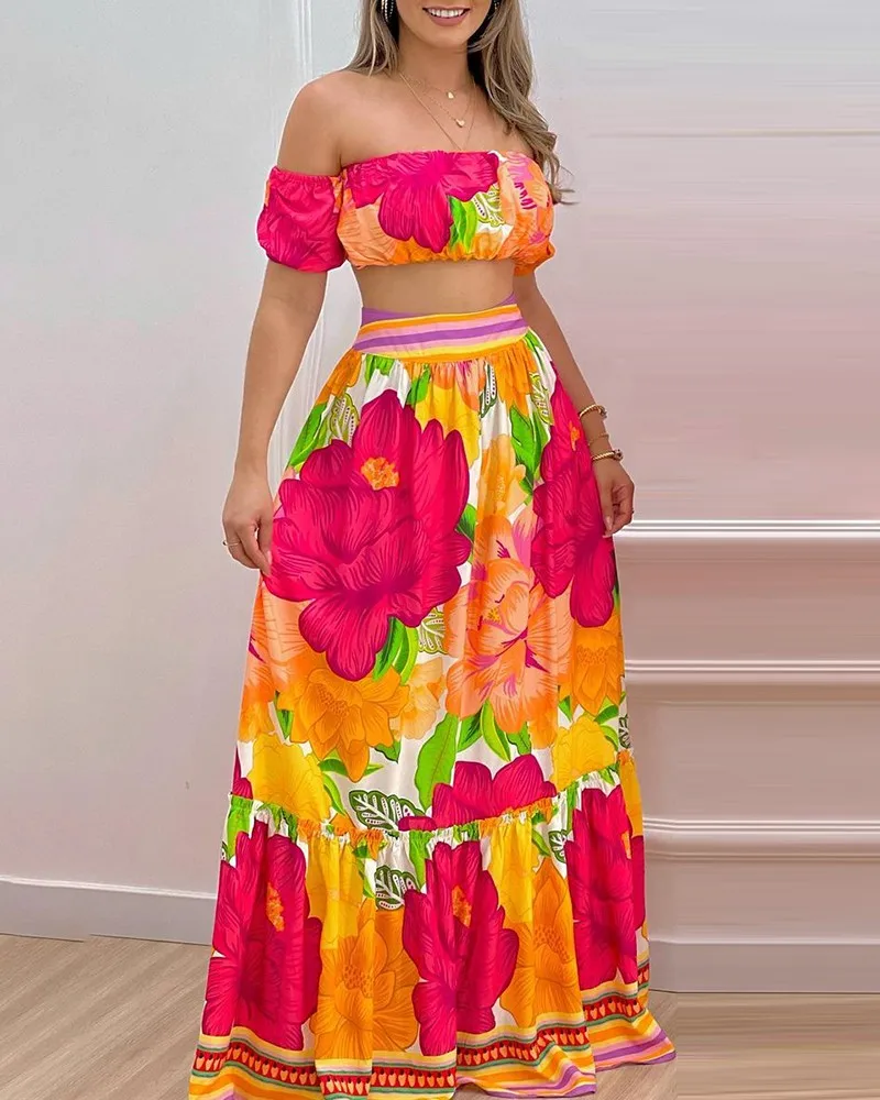 

Floral Print Off Shoulder Lantern Sleeve Top & Skirt Set