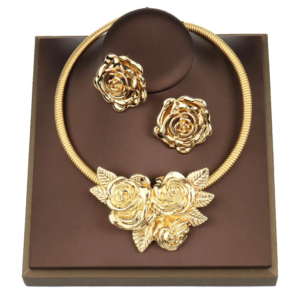 

Dubai Jewellery for Women Rose Design Pendants Necklace and Earrings 2PCS Set Weddings Design Bridal Jewelry Accessory Gifts