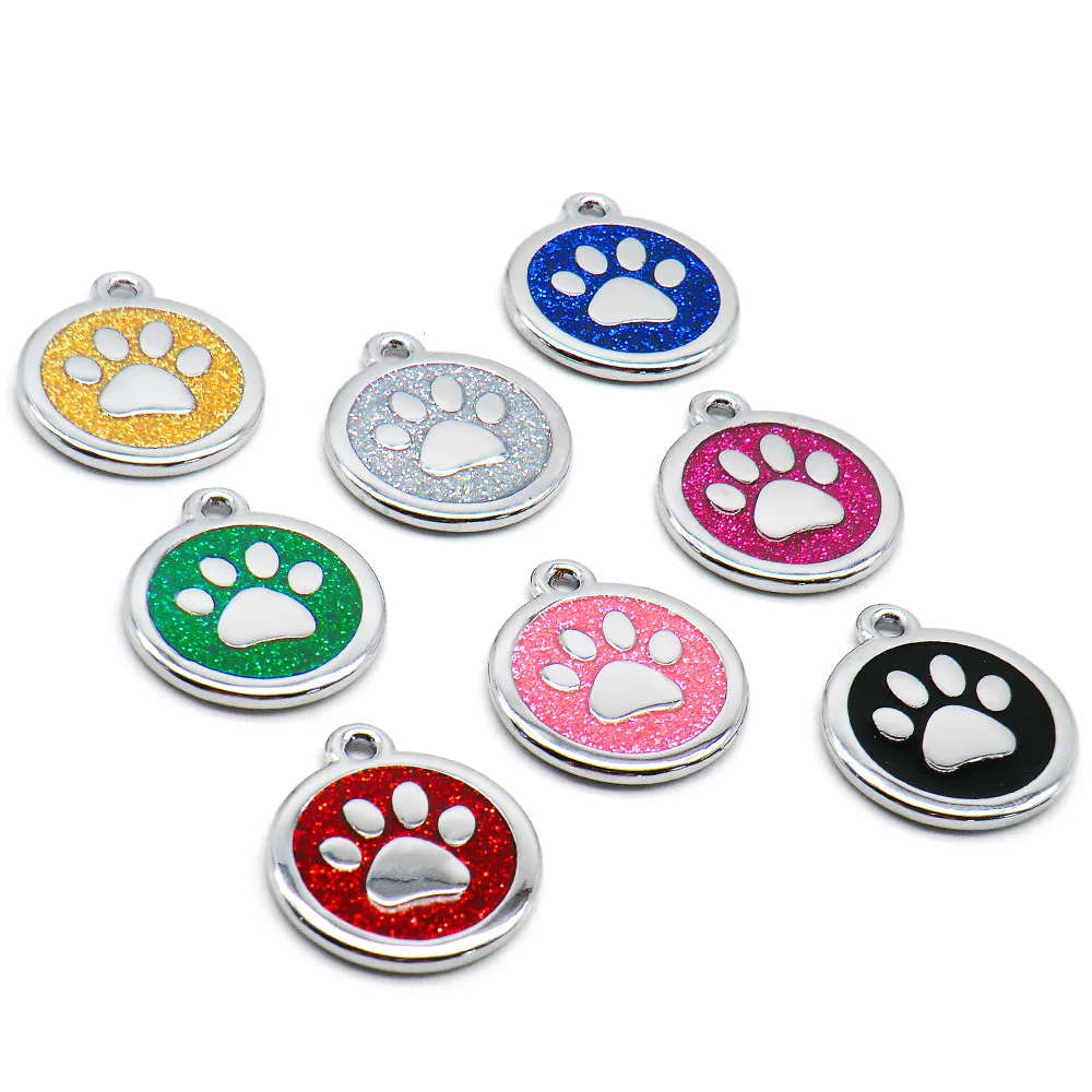 100Pcs Dog ID Tags Personalized Blank Sliver Sparkles Paw Round Alloy Jewelry Pendant DIY Fit Bracelet Necklace Accessories