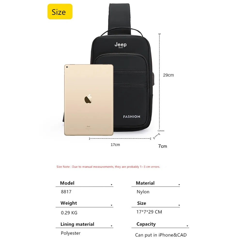 JEEP BULUO Brand High Quality Men USB Crossbody Shoulder Bags Chest Sling Safety Lock Male Anti-theft Fashion Travel Pack