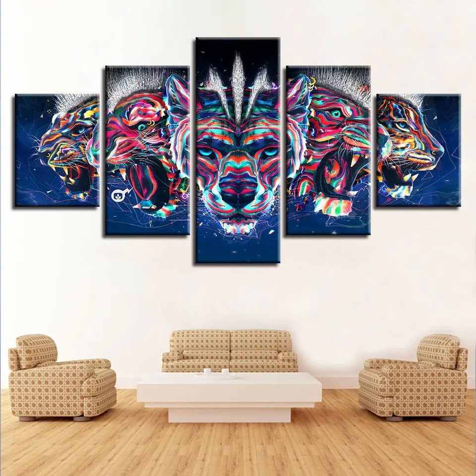 Психоделическая животная голова льва картина 5 панелей холст печать на стене