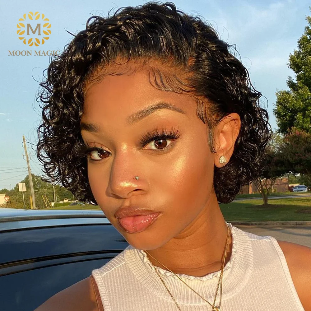 

Pixie Cut Curly Human Hair Wig 13x4 Lace Frontal Brazilian Short Bob Wig 4x4 Closure Kinky Curly Wig Moonmagic Hair Pre Plucked