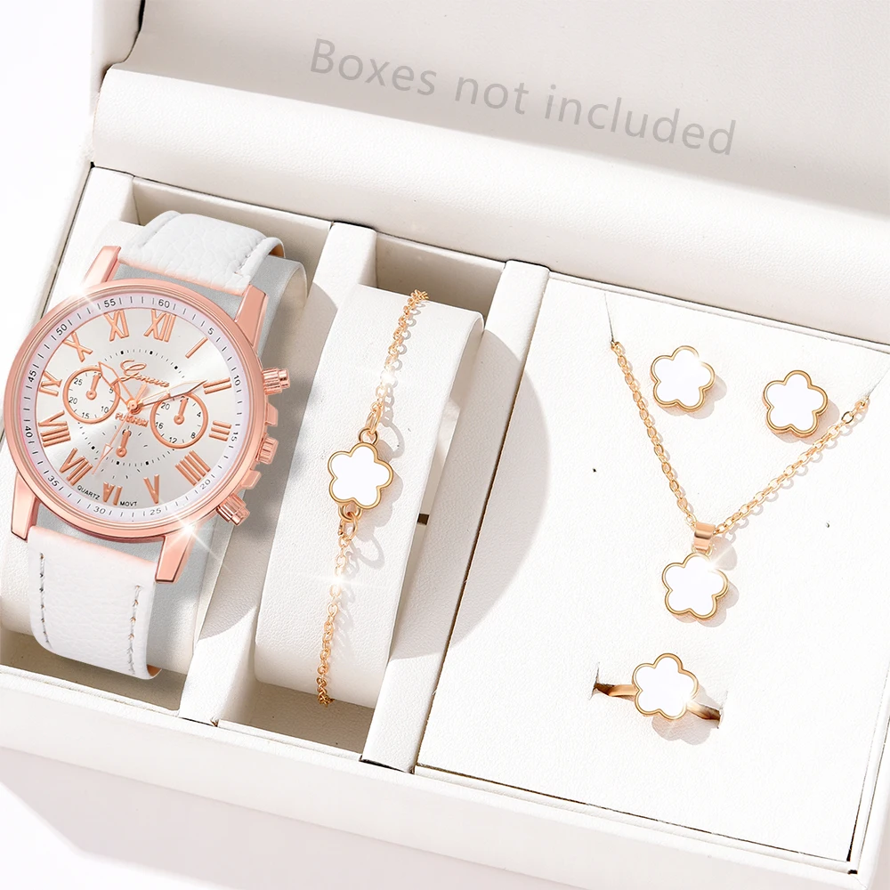 6 шт./комплект женские кварцевые часы с кожаным ремешком